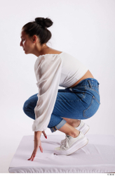 Whole Body Woman White Casual Slim Kneeling Studio photo references